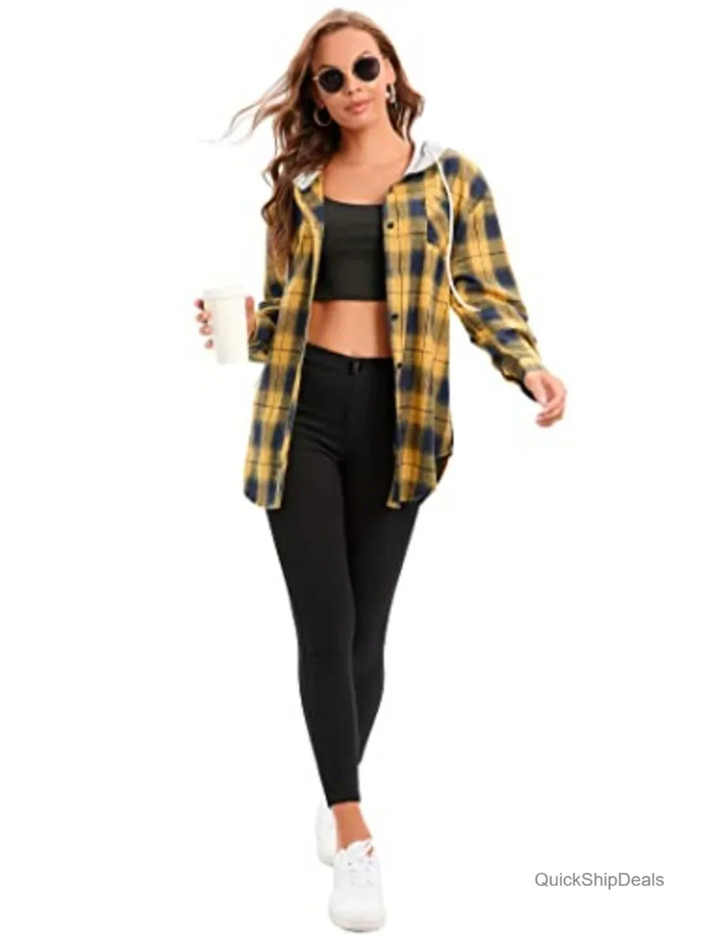 Women's Plaid Flannel Hoodie Shirt Jacket Button Down Long Sleeve Oversized
